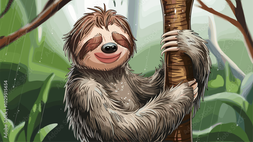 Sloth clinging to tree in rainforest, blending into lush, wet environment as raindrops slide off its fur. Sloth clinging to tree in rainforest, blending into lush, wet environment as raindrops slide off its fur.