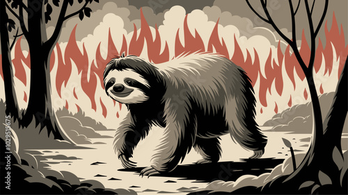 Sloth navigating through a forest fire, calm demeanor contrasting with surrounding chaos, slow and deliberate.