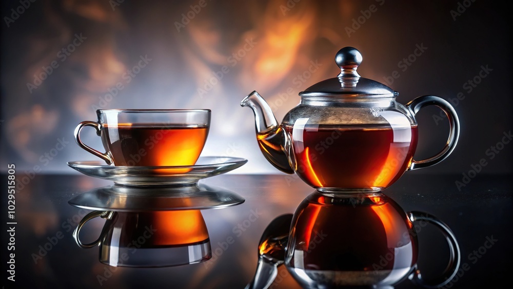 Reflection of a cup of black tea with teapot in the background Reflection of a cup of black tea with teapot in the background
