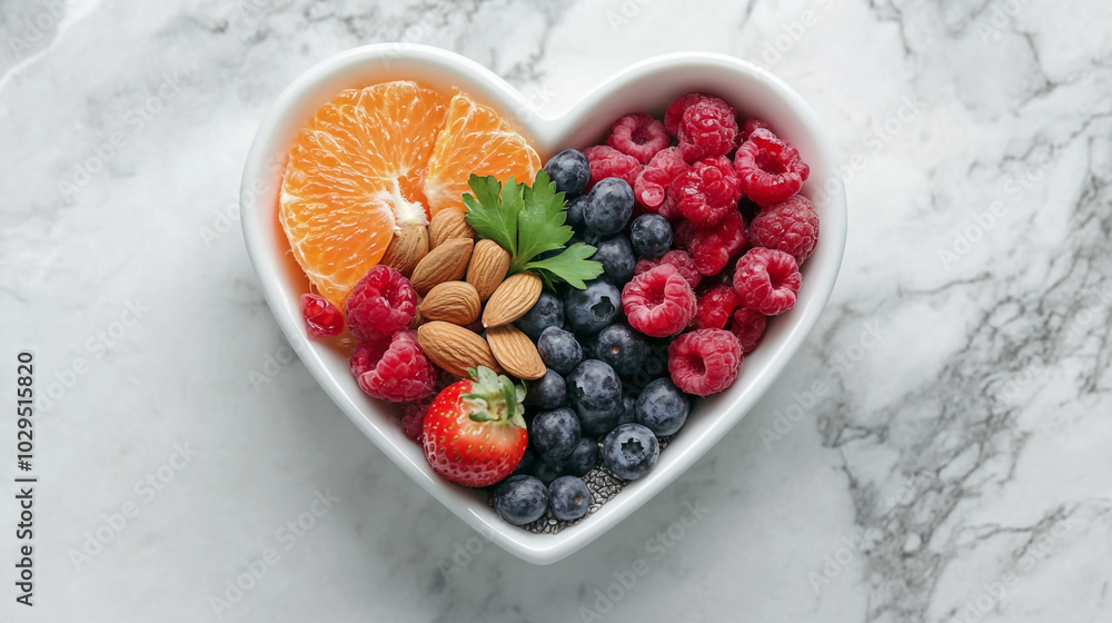 Heart Shaped Bowl of Fruit and Nuts  Healthy Snack  Fresh Berries  Almonds  Orange   Diet