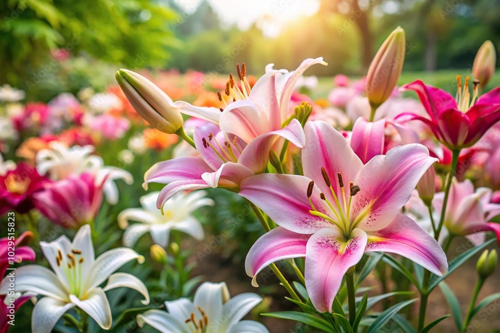 Fototapeta premium Wide-Angle Pink and white lilies in the garden Summer flowers