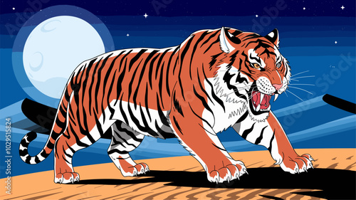 Fierce tiger prowling through a moonlit desert, with its stripes highlighted by the night sky and sandy dunes.