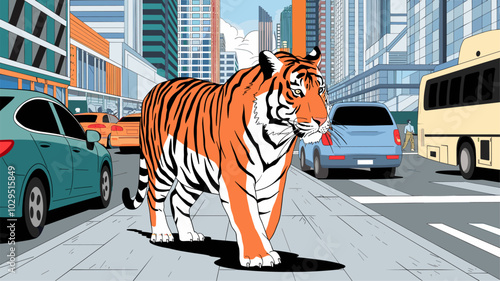 Tiger amidst bustling city streets, with skyscrapers and traffic contrasting its calm and majestic presence.