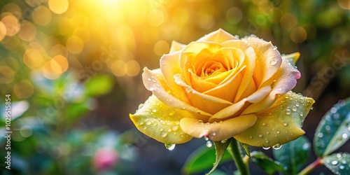 Reflecting yellow rose with water drops in garden