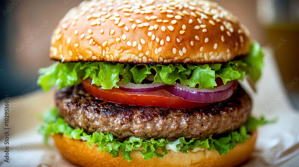 Juicy Beef Burger with Lettuce Tomato and Onion Fast Food Juicy Beef Burger with Lettuce Tomato and Onion Fast Food