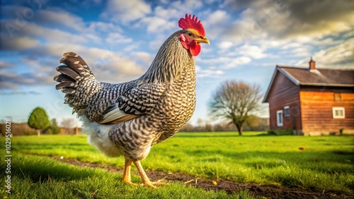 Wide-angle shot of domestic Dutch chicken Barnevelder outdoors in a natural setting photo