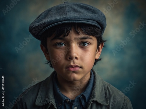 Young Hispanic boy with dark hair wearing newsboy cap and blue collared shirt, looking directly at camera with serious expression