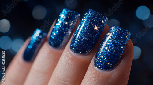 Sparkling Blue Glitter Nail Polish Manicure Closeup