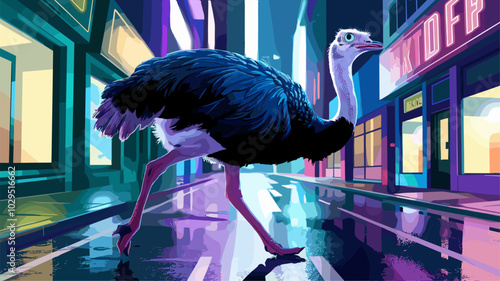 Surreal ostrich navigating through a city street bathed in neon lights, with its large silhouette creating a striking contrast against the vibrant glow.