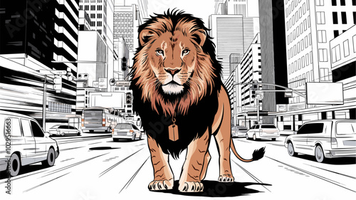 Lion amidst bustling city streets, with skyscrapers and traffic contrasting its calm and majestic presence in an urban setting.