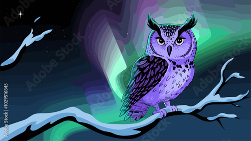 Enchanting owl on a snow-covered branch, with the Northern Lights casting a magical, colorful glow that highlights its wise gaze. photo