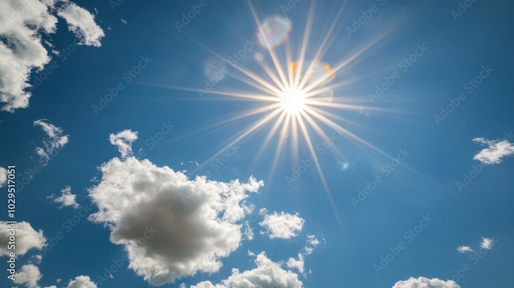 Bright sun with radiant rays amidst clear blue sky and fluffy clouds for spring inspiration Bright sun with radiant rays amidst clear blue sky and fluffy clouds for spring inspiration