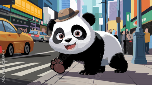 Playful panda exploring a bustling city street, with skyscrapers and traffic providing a lively backdrop to its curious behavior.