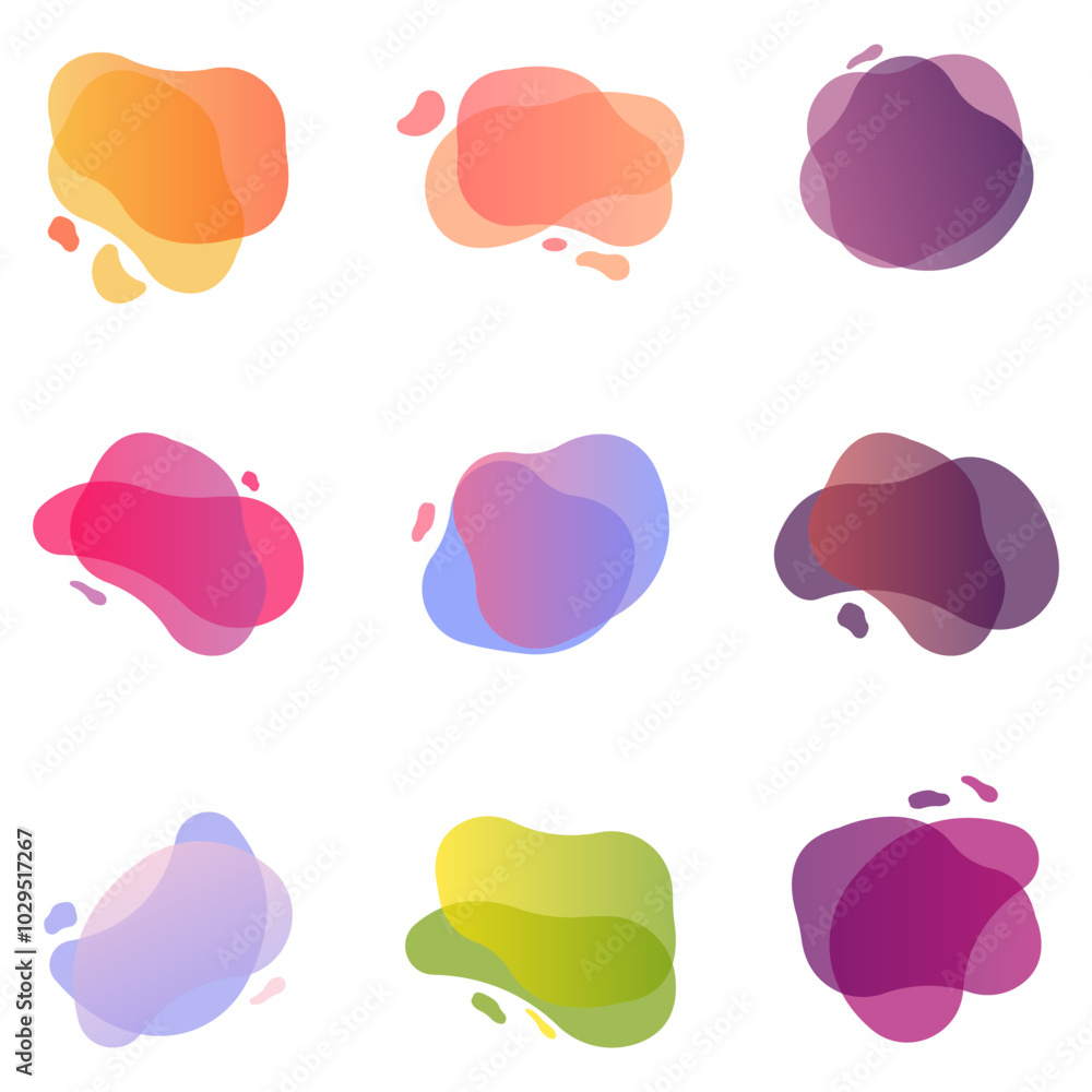 Abstract dynamic gradient graphic elements in a modern style. Banners with flowing liquid shapes, amoeba shapes. Vector illustration. Abstract dynamic gradient graphic elements in a modern style. Banners with flowing liquid shapes, amoeba shapes. Vector illustration.