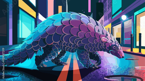 Pangolin exploring a city street bathed in neon lights, with its unique scales and nocturnal behavior creating a vivid contrast.