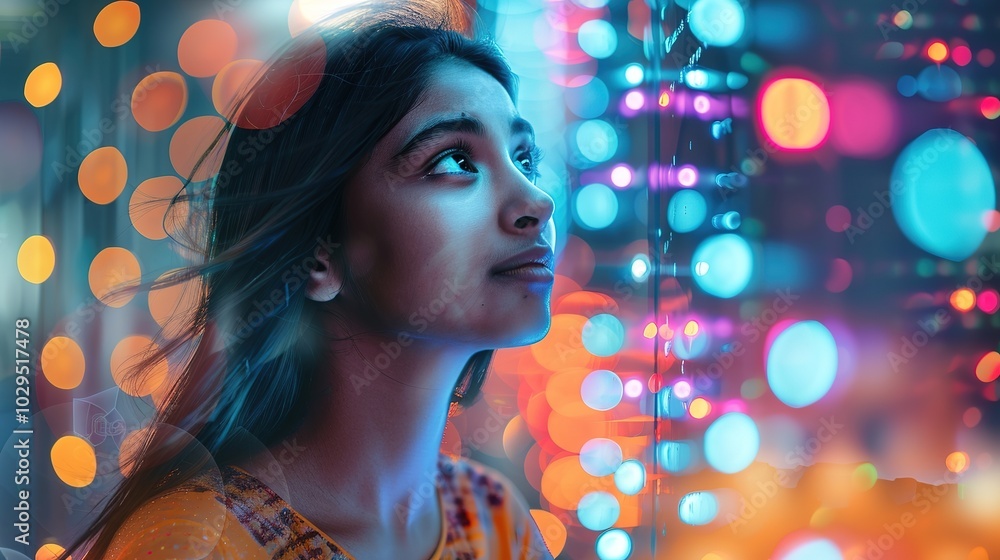 A young woman gazes upwards, lost in thought, as colorful lights dance in the background. . A young woman gazes upwards, lost in thought, as colorful lights dance in the background. .