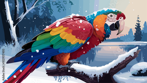 Unusual parrot in a snowy environment, with snowflakes falling on its feathers and the winter setting adding a rare, fascinating contrast.