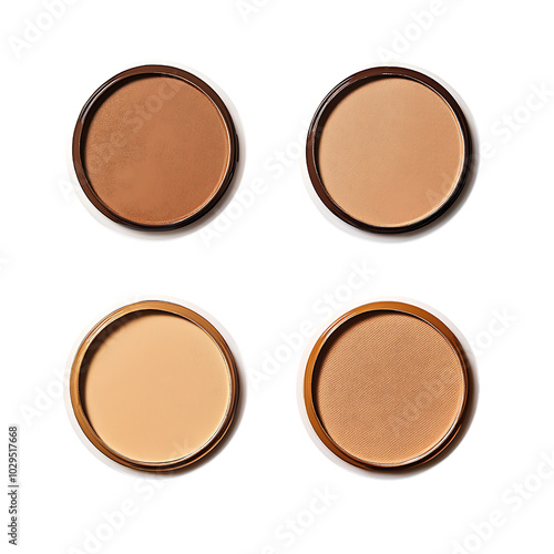 Four shades of face foundation displayed in circular makeup containers isolated on transparent background