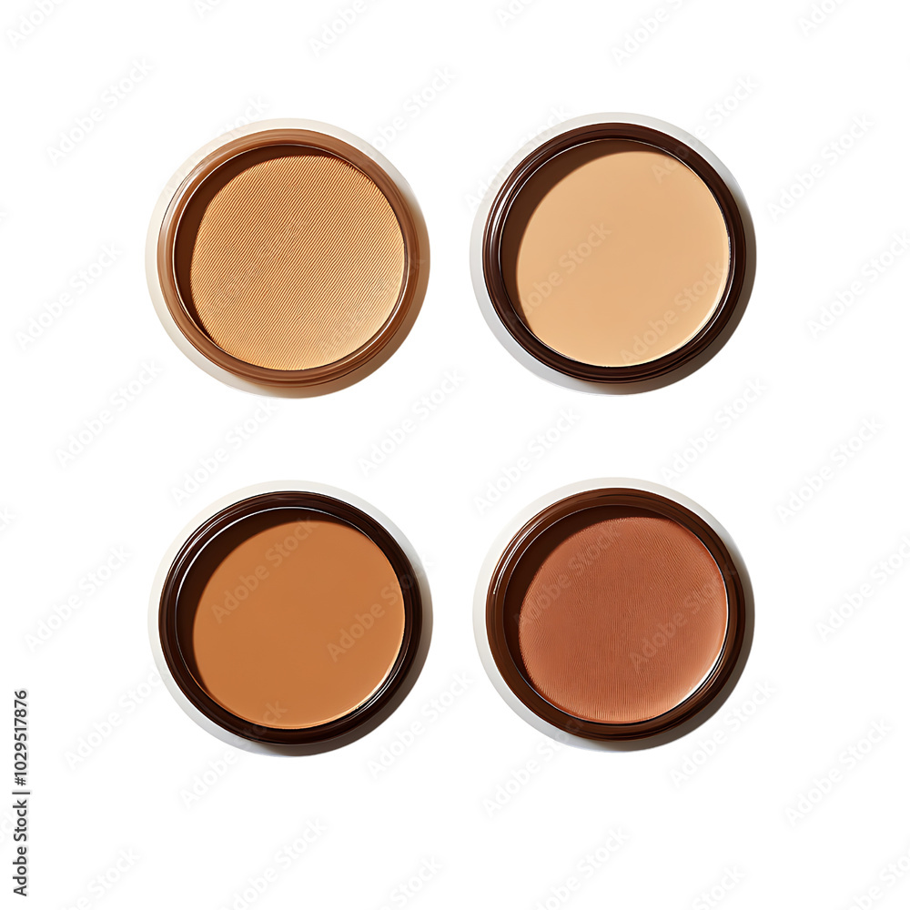Four shades of face foundation displayed in circular makeup containers isolated on transparent background (3) Four shades of face foundation displayed in circular makeup containers isolated on transparent background (3)
