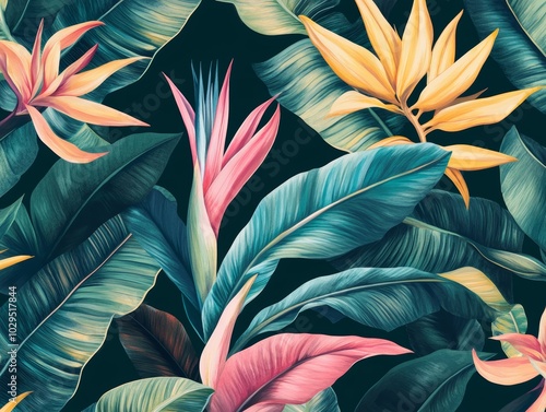 Lush green leaves and bright bird of paradise flowers create an eye-catching tropical arrangement showcasing nature's beauty