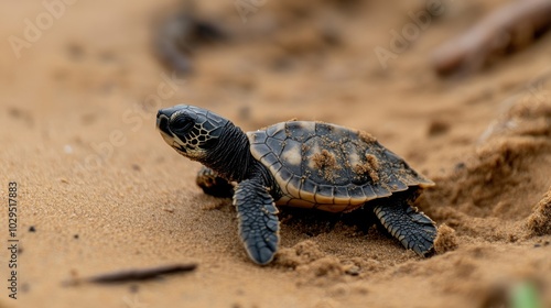 Cute olive ridley sea turtle hatchling crawling on sandy beach for nature conservation themes photo