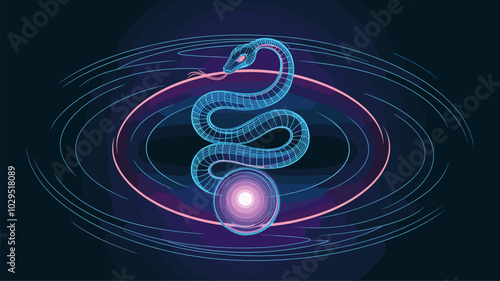 Coiled serpent with graphic lines emerging from neon vortex.