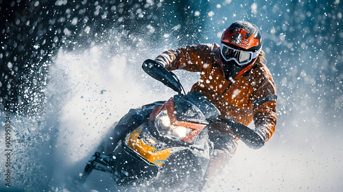 A snowmobile rider leaning into a sharp corner during a race with snow and ice spraying up from the tires as they maintain high speed.
