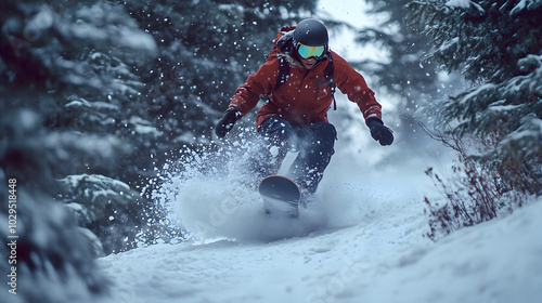 A snowboarder riding through a tight tree-lined trail dodging obstacles with precision as snow sprays off their board.