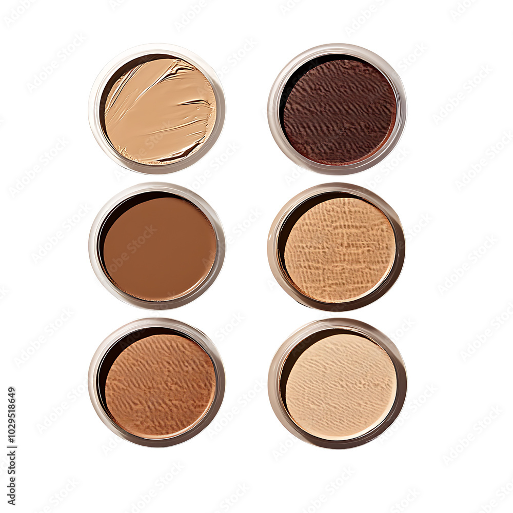 Four shades of face foundation displayed in circular makeup containers isolated on transparent background Four shades of face foundation displayed in circular makeup containers isolated on transparent background
