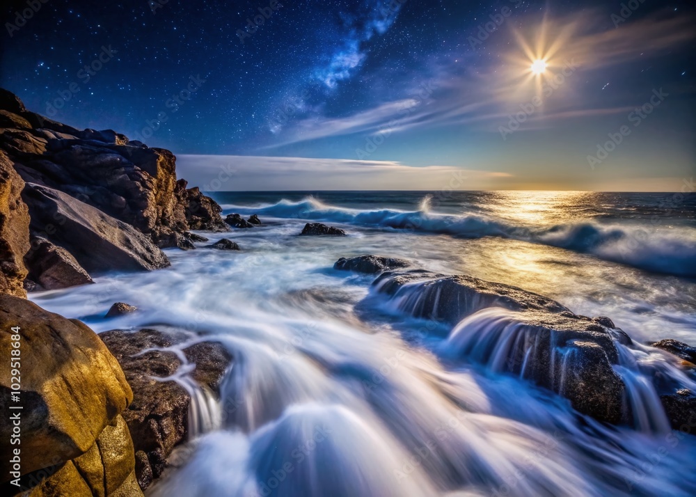 Fototapeta premium Night Photography of Water Flowing onto Coastal Rocks at Dusk