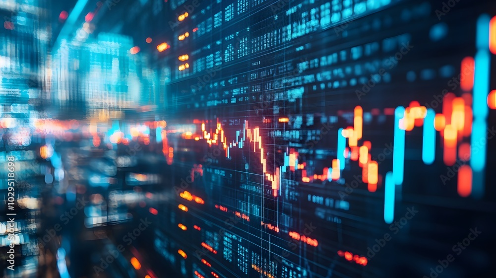 Close up shot on digital screen data value of stock market change and volatility prices profit or loss Close up shot on digital screen data value of stock market change and volatility prices profit or loss