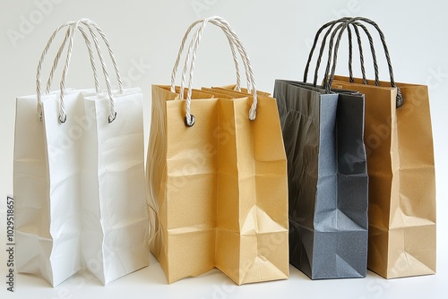 Elegant white, gold, and black shopping bags with twisted handles photo