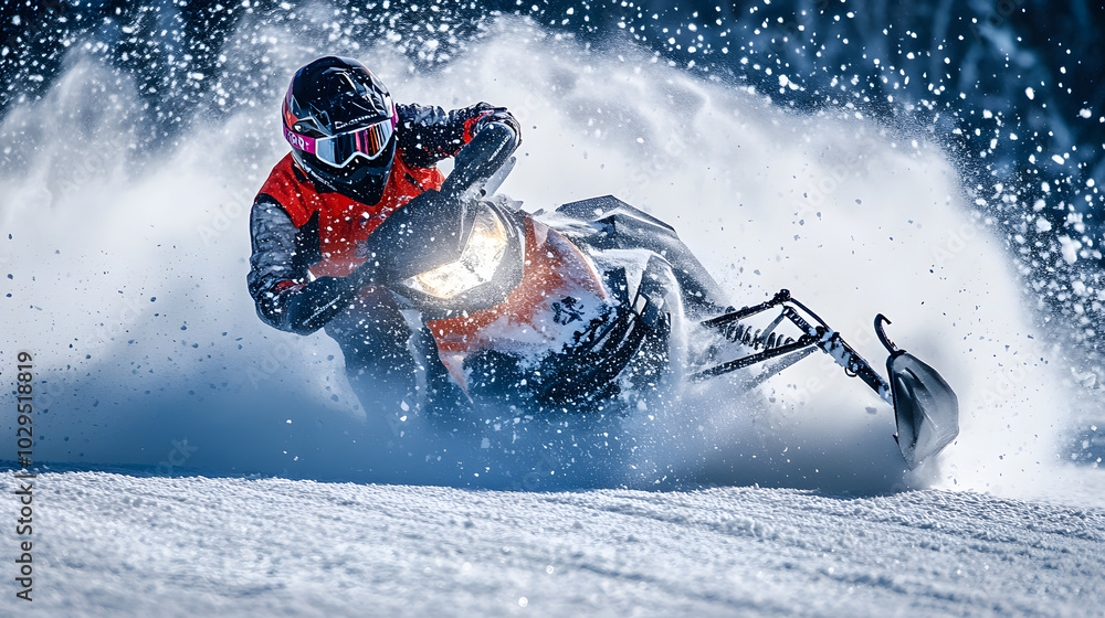 Naklejka premium A snowmobile taking a sharp turn during a race snow kicking up as the rider leans into the curve on a frozen track.