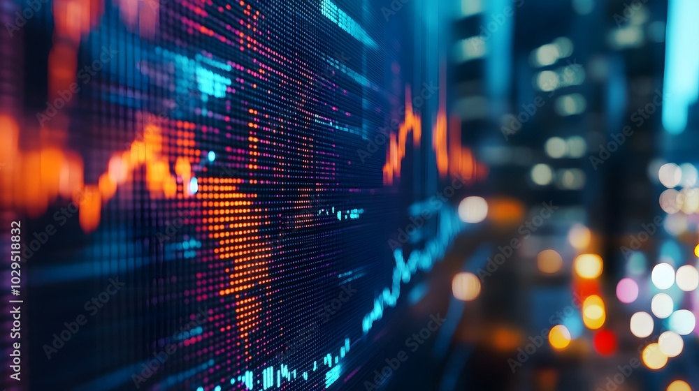 Close up shot on digital screen data value of stock market change and volatility prices profit or loss Close up shot on digital screen data value of stock market change and volatility prices profit or loss