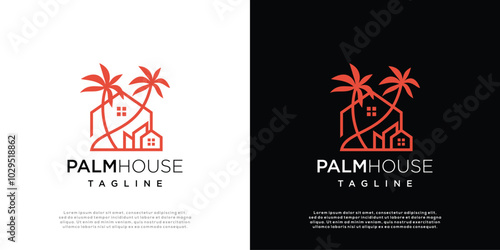 Palm tree house logo illustration. Vector Logo Design Template Elements of house with palm tree line style.	
