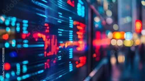 Close up shot on digital screen data value of stock market change and volatility prices profit or loss