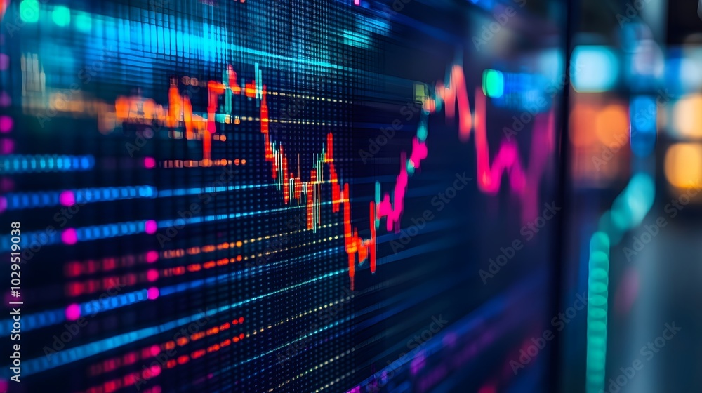 Close up shot on digital screen data value of stock market change and volatility prices profit or loss Close up shot on digital screen data value of stock market change and volatility prices profit or loss