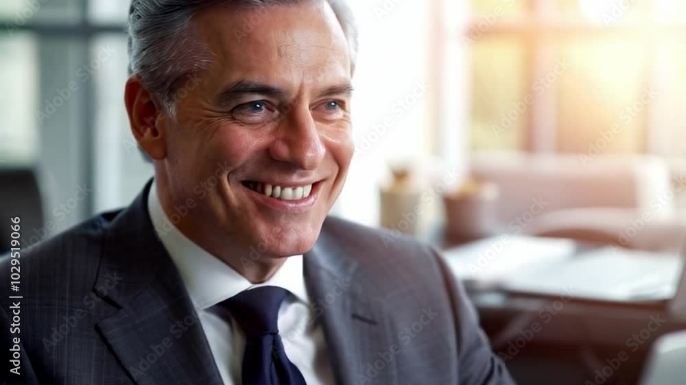 A close-up of a mature, happy financier with a warm, inviting smile, his sharp blue eyes reflecting confidence. A close-up of a mature, happy financier with a warm, inviting smile, his sharp blue eyes reflecting confidence.
