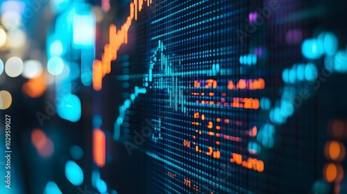 Close up shot on digital screen data value of stock market change and volatility prices profit or loss