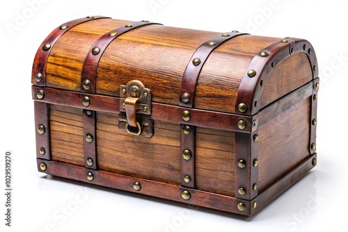 Wooden treasure chest isolated on white background photo