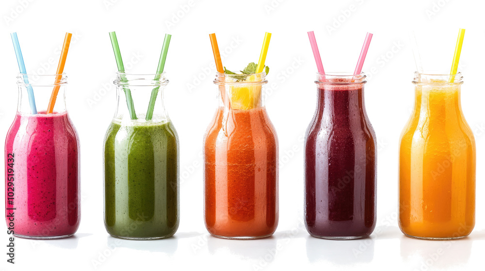 Assorted Healthy Smoothies in Glass Bottles on White Background Generative AI Assorted Healthy Smoothies in Glass Bottles on White Background Generative AI