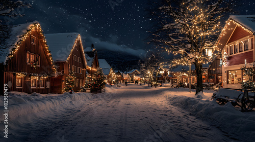 A snowy village street on Christmas Eve with festive lights strung between buildings and a starry sky above.