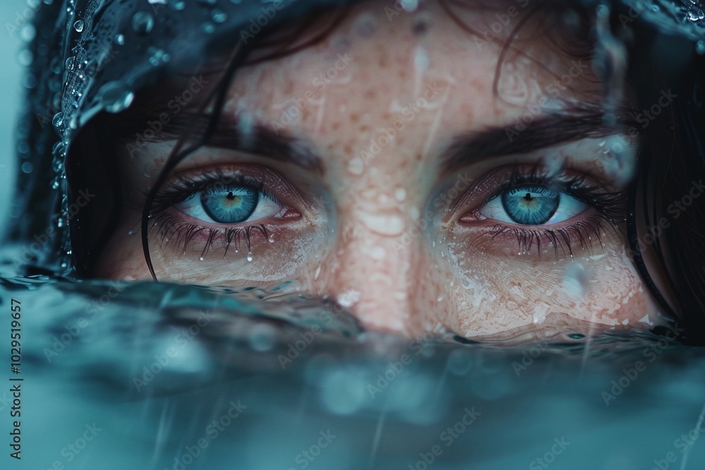 Close-Up of Woman’s Blue Eyes with Raindrops on Face, Intense Gaze and Freckles, Dramatic Portrait in Minimalist Style, Wet Hair, and Moody Lighting
Close-Up of Woman’s Blue Eyes with Raindrops on Face, Intense Gaze and Freckles, Dramatic Portrait in Minimalist Style, Wet Hair, and Moody Lighting