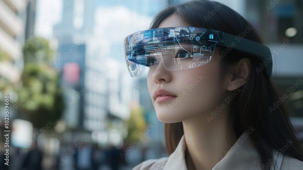 Asian woman wearing AR goggles on the street of a big city observes her surroundings and collects information in a virtual interface Asian woman wearing AR goggles on the street of a big city observes her surroundings and collects information in a virtual interface