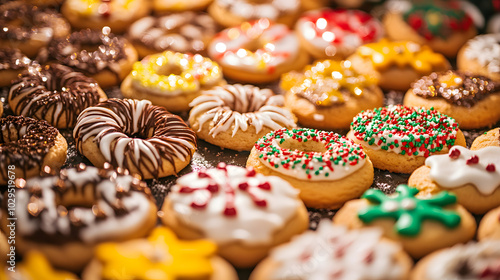 A table full of freshly baked Christmas cookies decorated with icing and sprinkles ready for Christmas Eve festivities.