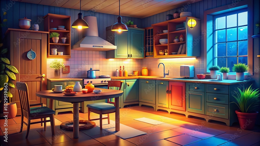 Nighttime Kitchen Interior in Cartoon Style with Cozy Furniture and Warm Lighting Nighttime Kitchen Interior in Cartoon Style with Cozy Furniture and Warm Lighting