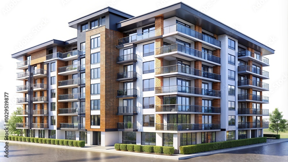 Modern multi storey residential building with white background and depth of field Modern multi storey residential building with white background and depth of field