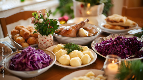 A table set with traditional German Christmas Eve dishes like goose red cabbage and dumplings ready for the family feast.
