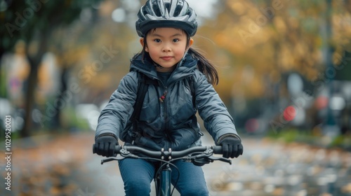 Young girl riding her bicycle happily on a tree lined path during autumn