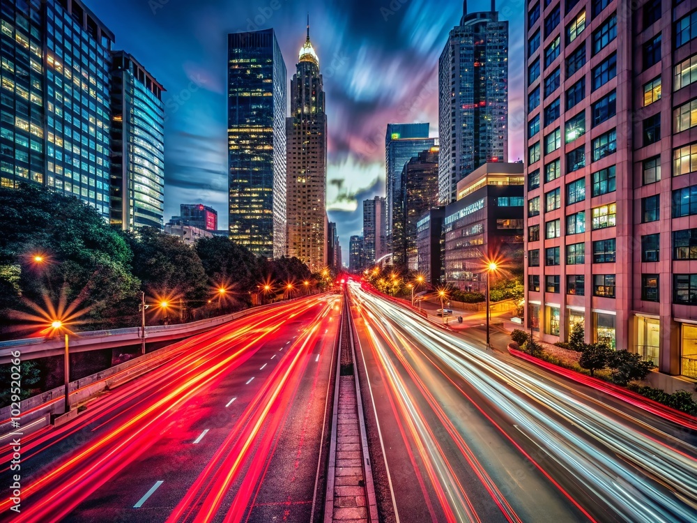 Naklejka premium Night Traffic Light Trails in Urban Exploration Photography